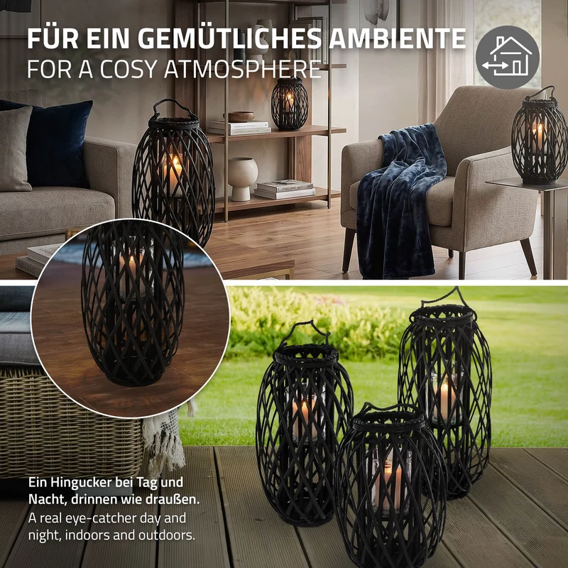 Riedlaterne mit Henkel 50x Ø28 cm Schwarz aus umweltfreundlichem Rattan