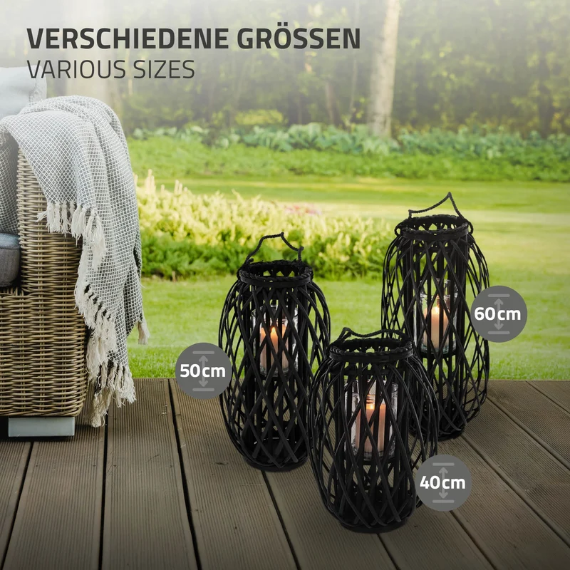 Riedlaterne mit Henkel 50x Ø28 cm Schwarz aus umweltfreundlichem Rattan