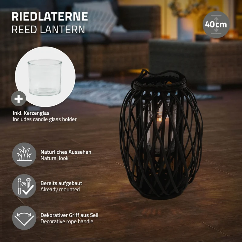 Riedlaterne mit Henkel 40x Ø26 cm Schwarz aus umweltfreundlichem Rattan