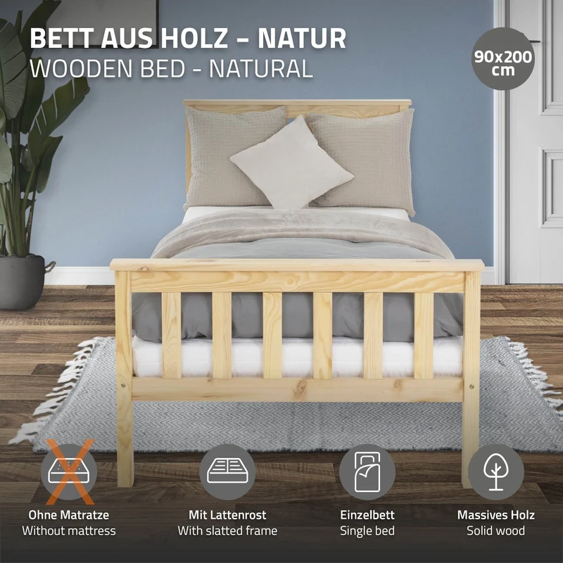 B-Ware Bettgestell Einzelbett 90x200cm aus Kiefernholz in Natur mit Lattenrost ML-Design