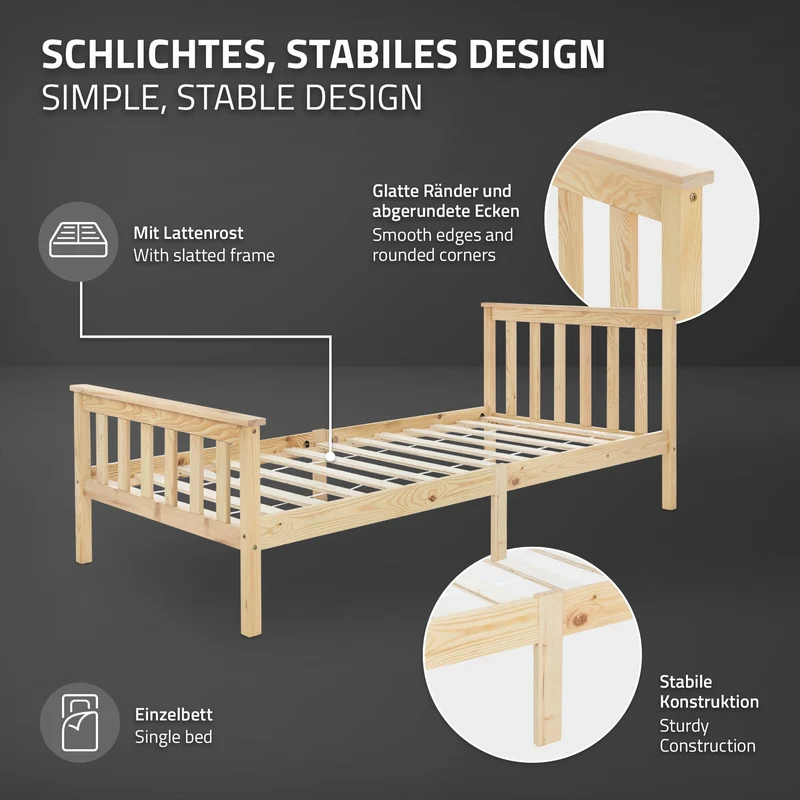 B-Ware Bettgestell Einzelbett 90x200cm aus Kiefernholz in Natur mit Lattenrost ML-Design