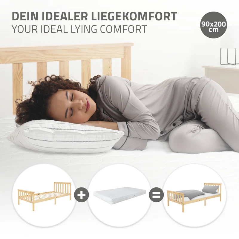 B-Ware Bettgestell Einzelbett 90x200cm aus Kiefernholz in Natur mit Lattenrost ML-Design