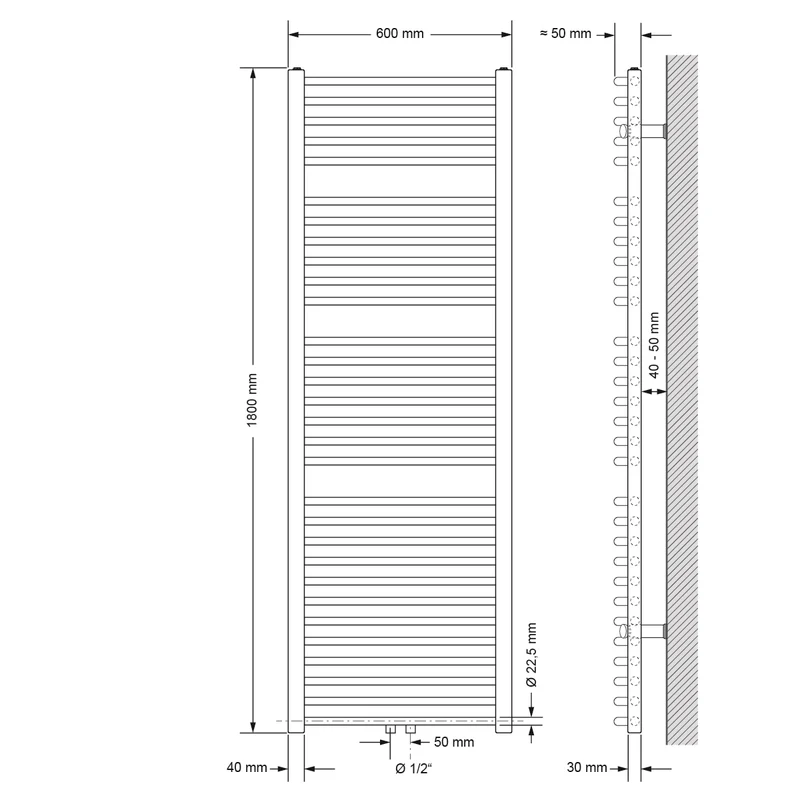 Badheizkörper Sahara 600x1800 mm Anthrazit gebogen mit Mittelanschluss und Universale Anschlussgarnitur