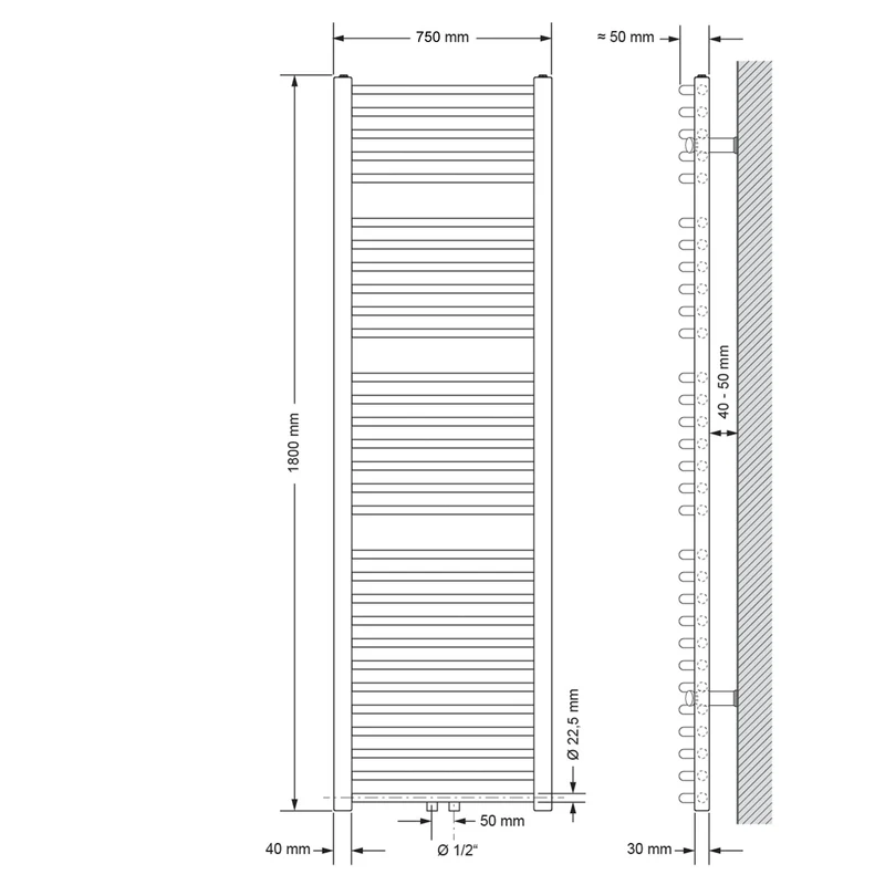 Badheizkörper 750x1800 mm Chrome, gebogen, Boden Anschlussgarnitur