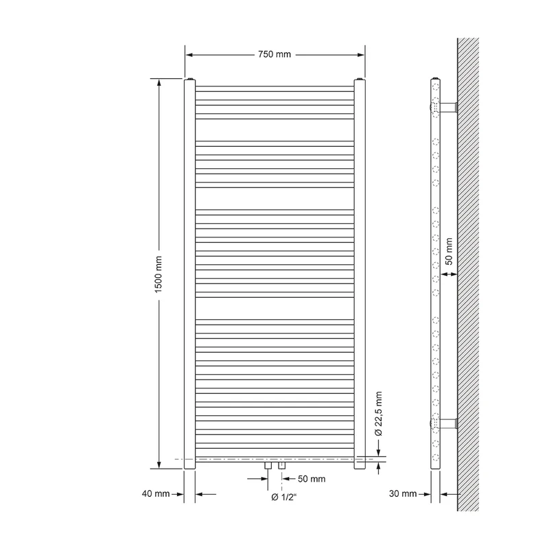 Badheizkörper 750x1500 mm Chrome, gerade, Boden Anschlussgarnitur