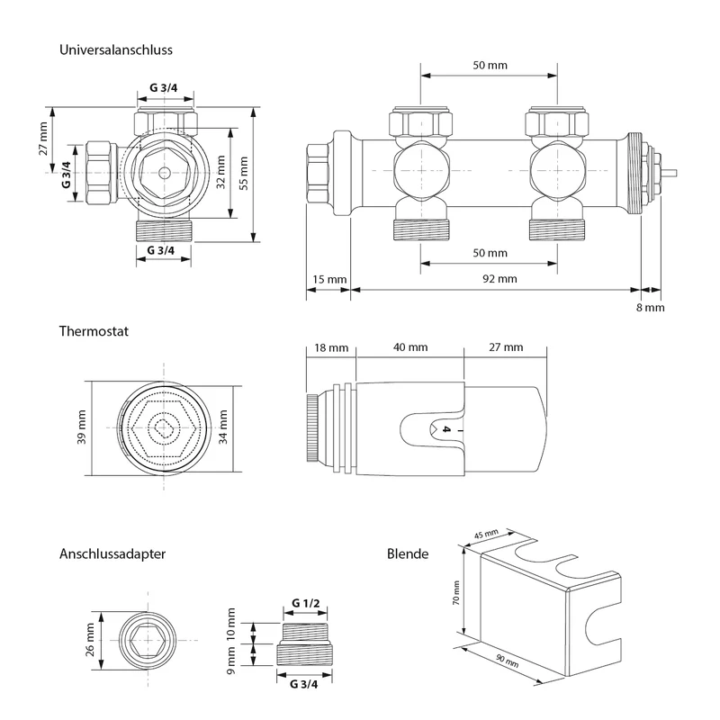 Badheizkörper Mittelanschluss 600x1200 mm Weiß gebogen mit Universal Anschlussgarnitur LuxeBath