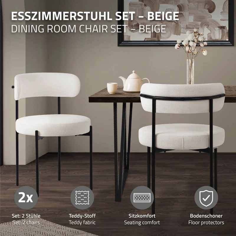 Esszimmerstuhl 2er Set mit Teddystoff mit Rückenlehne Weiß Küchenstuhl ML-Design