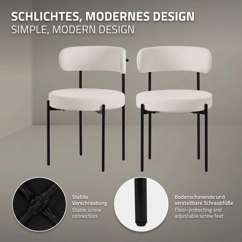 Esszimmerstuhl 2er Set mit Teddystoff mit Rückenlehne Weiß Küchenstuhl ML-Design