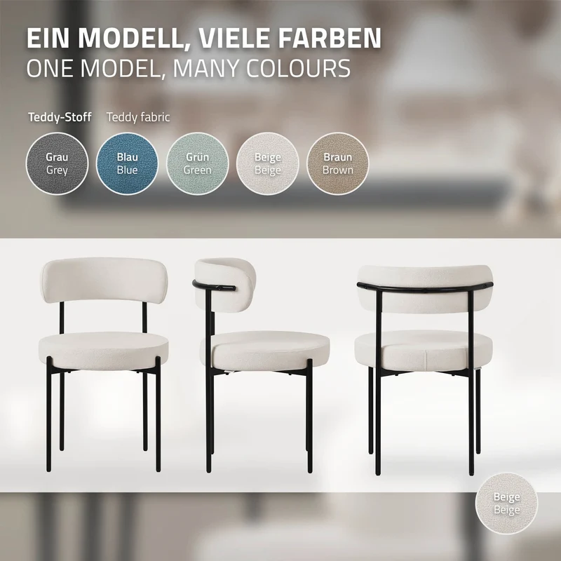 Esszimmerstuhl 2er Set mit Teddystoff mit Rückenlehne Weiß Küchenstuhl ML-Design