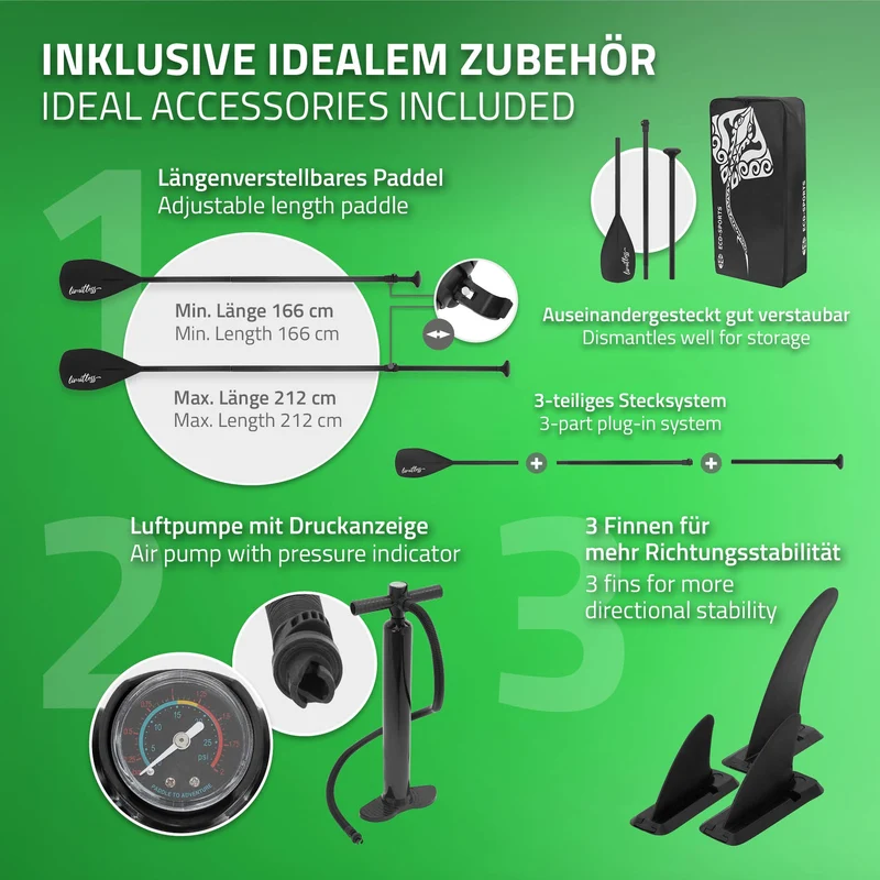 Stand Up Paddle aufblasbares SUP Board Limitless 308x76x10 in Grün aus PVC inkl. Pumpe und Tragetasche