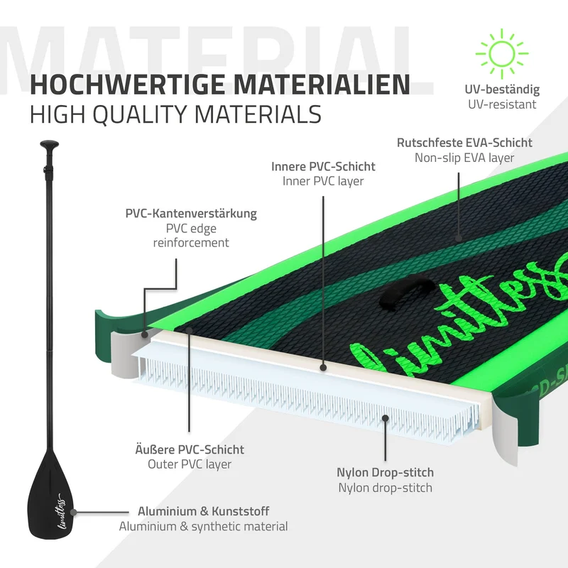 Stand Up Paddle aufblasbares SUP Board Limitless 308x76x10 in Grün aus PVC inkl. Pumpe und Tragetasche