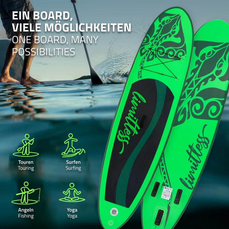 Stand Up Paddle aufblasbares SUP Board Limitless 308x76x10 in Grün aus PVC inkl. Pumpe und Tragetasche