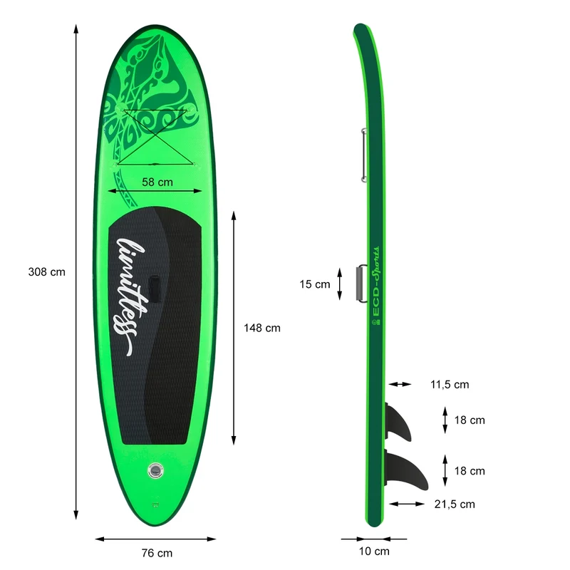 Stand Up Paddle aufblasbares SUP Board Limitless 308x76x10 in Grün aus PVC inkl. Pumpe und Tragetasche