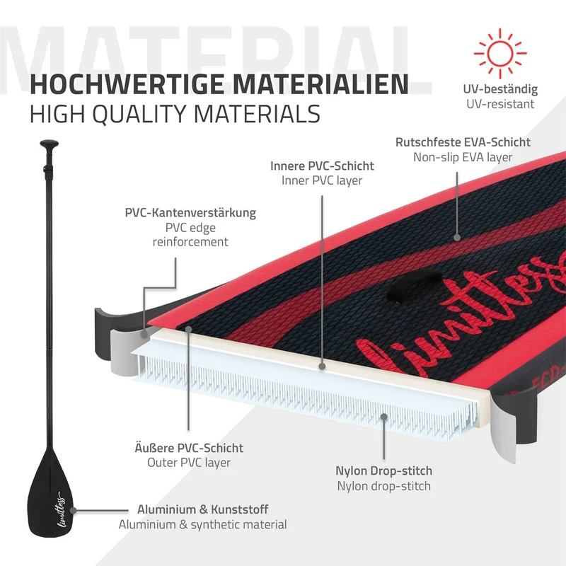 Stand Up Paddle aufblasbares SUP Board Limitless 308x78x10 in Rot aus PVC inkl. Pumpe und Tragetasche