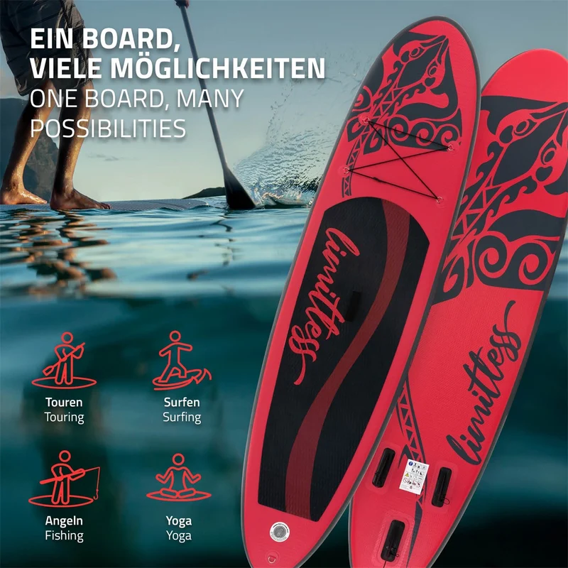 Stand Up Paddle aufblasbares SUP Board Limitless 308x78x10 in Rot aus PVC inkl. Pumpe und Tragetasche