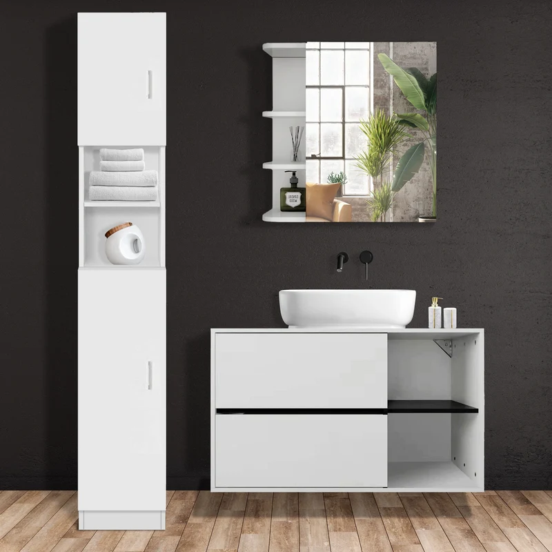 Badmöbel Set 3-Teilig modernen Stil Weiß aus Holz ML-Design