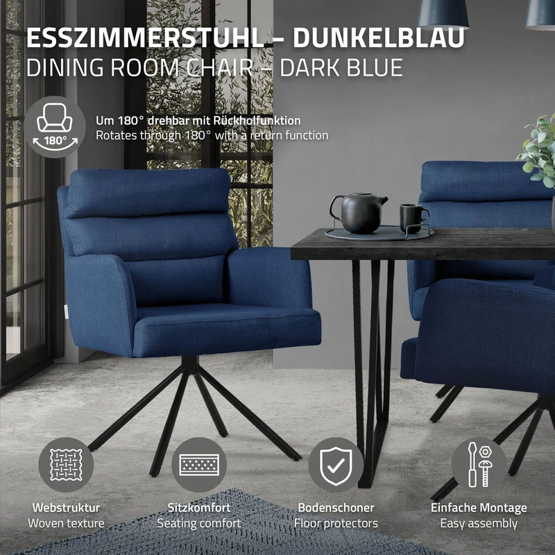 B-Ware Esszimmerstuhl Dunkelblau drehbar mit abnehmbaren Rückenkissen gepolstert bis 120 Kilogramm