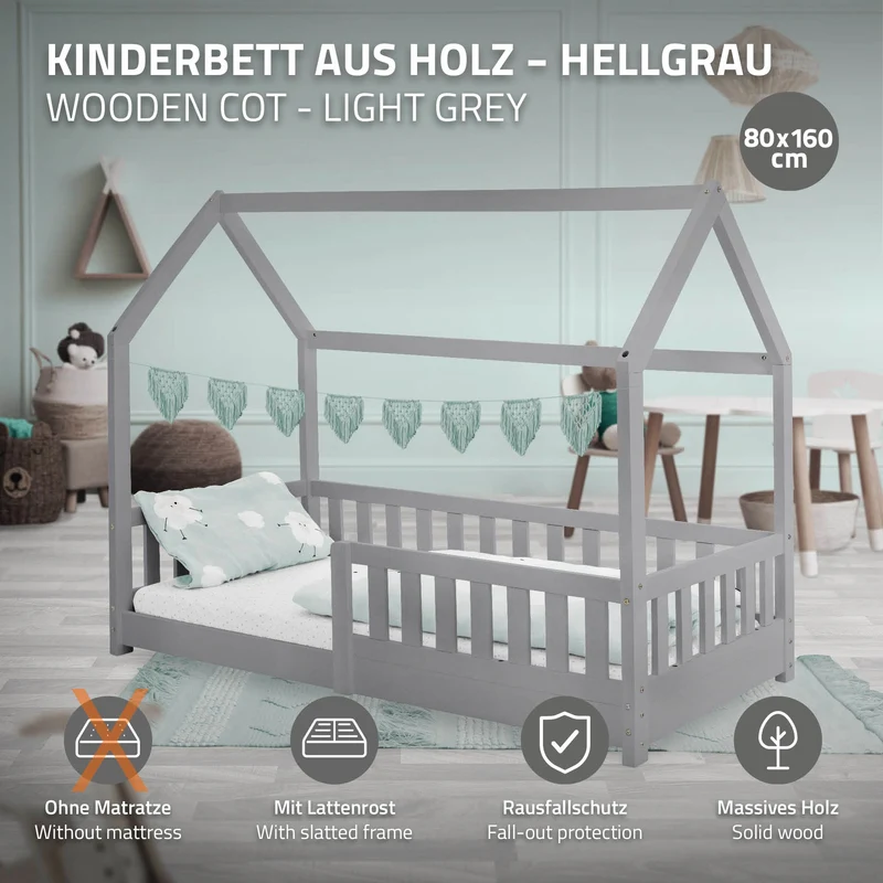 B-Ware Kinderbett Hausbett 80x160 cm Hellgrau aus Kiefernholz mit Rausfallschutz Dach und Lattenrost Holzbett ML-Design
