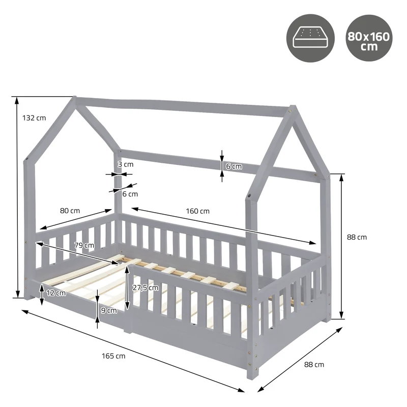 B-Ware Kinderbett Hausbett 80x160 cm Hellgrau aus Kiefernholz mit Rausfallschutz Dach und Lattenrost Holzbett ML-Design
