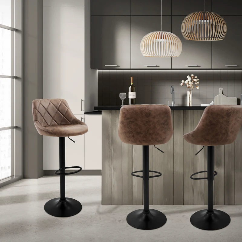 B-Ware Barhocker 2er Set Braun Kunstlederbezug mit Rückenlehne und Fußstütze höhenverstellbar 62-82 cm ML-Design