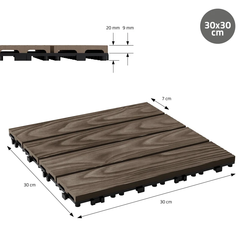 4x WPC Terrassenfliesen 30x30 cm 11er Spar Set für 1m² Dunkelbraun in Holzoptik Bodenbelag mit Drainage & Klicksystem