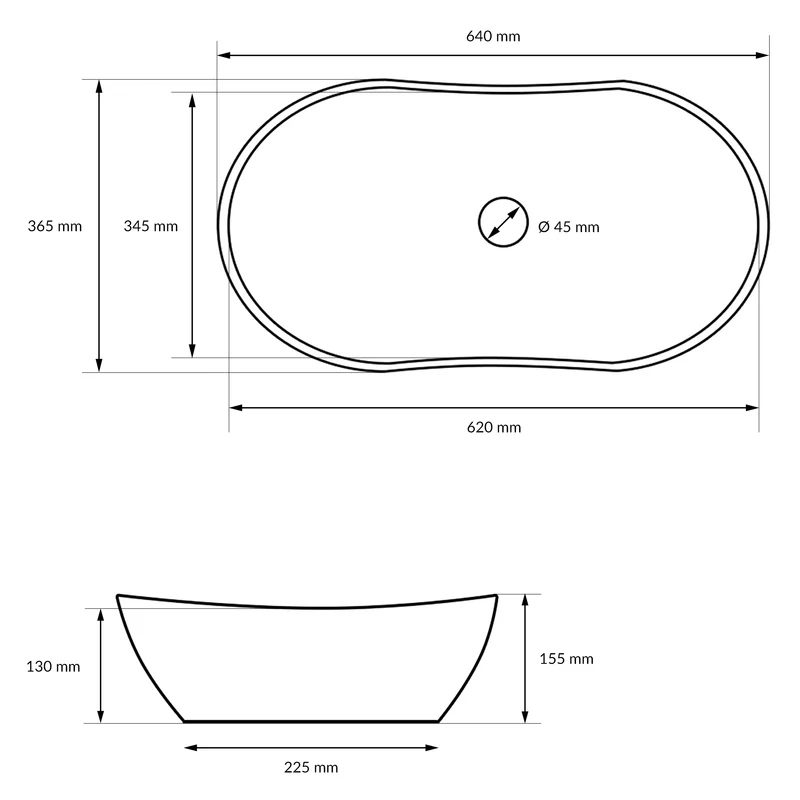 Waschbecken Oval ohne Überlauf 64x36,5x13 cm Weiß aus Keramik LuxeBath