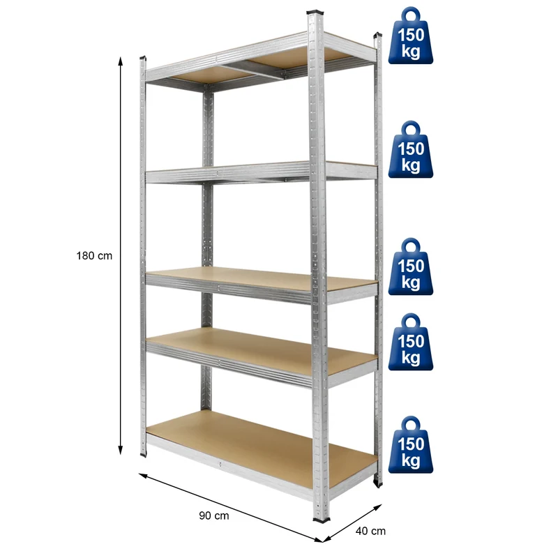 Werkstattregal 2er Set 180x90x40 cm Silber aus Metall und MDF belastbar bis 750 kg