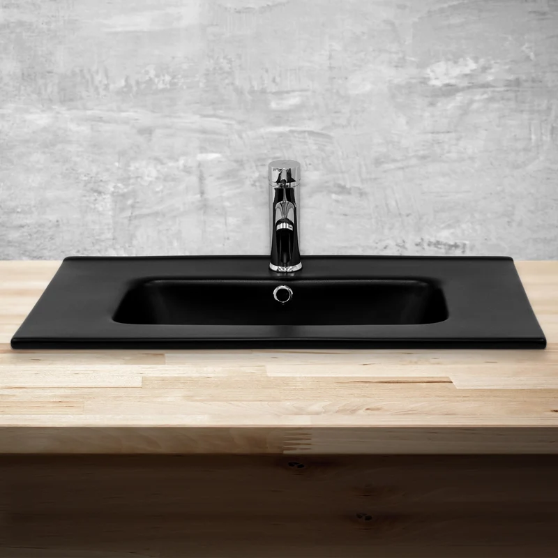 Waschbecken Eckig mit Überlauf 71x47x18 cm Schwarz aus Keramik ML-Design