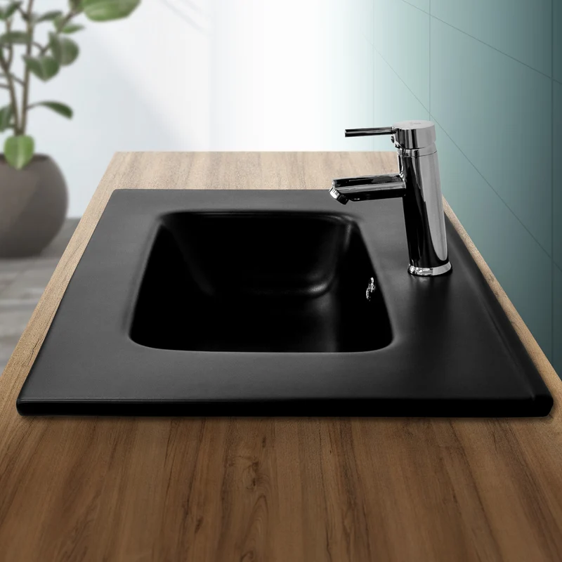 Waschbecken Eckig mit Überlauf 71x47x18 cm Schwarz aus Keramik ML-Design