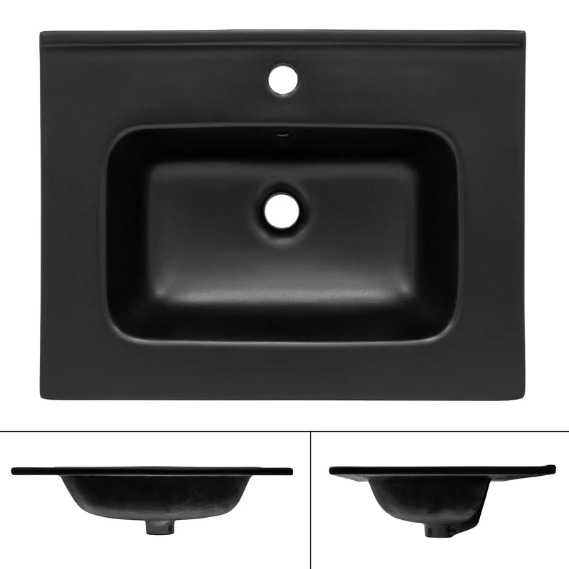 Waschbecken Eckig mit Überlauf 61x46x16,5 cm Schwarz aus Keramik ML-Design