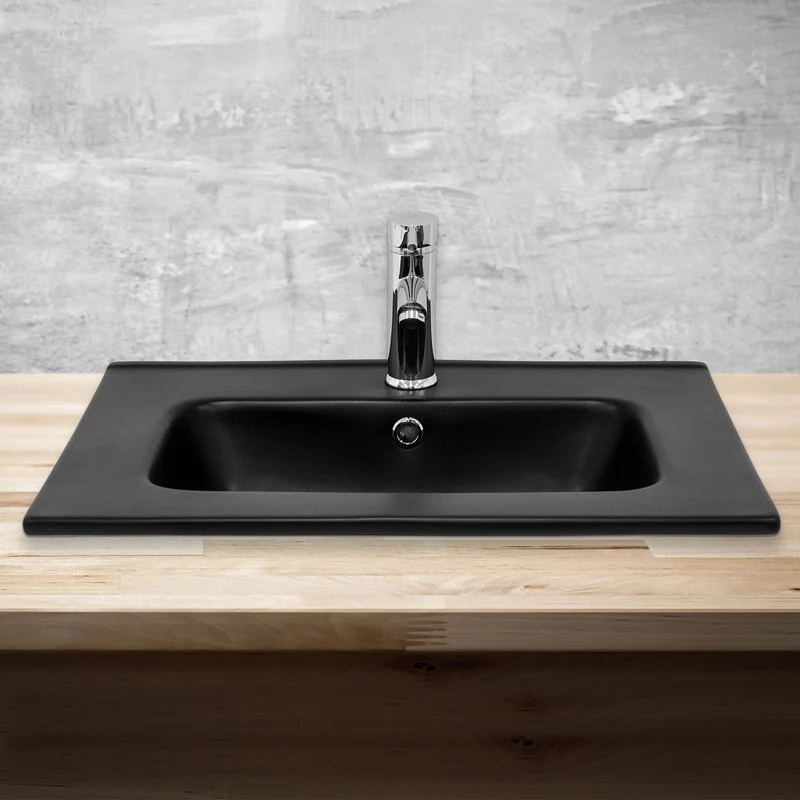 Waschbecken Eckig mit Überlauf 61x46x16,5 cm Schwarz aus Keramik ML-Design