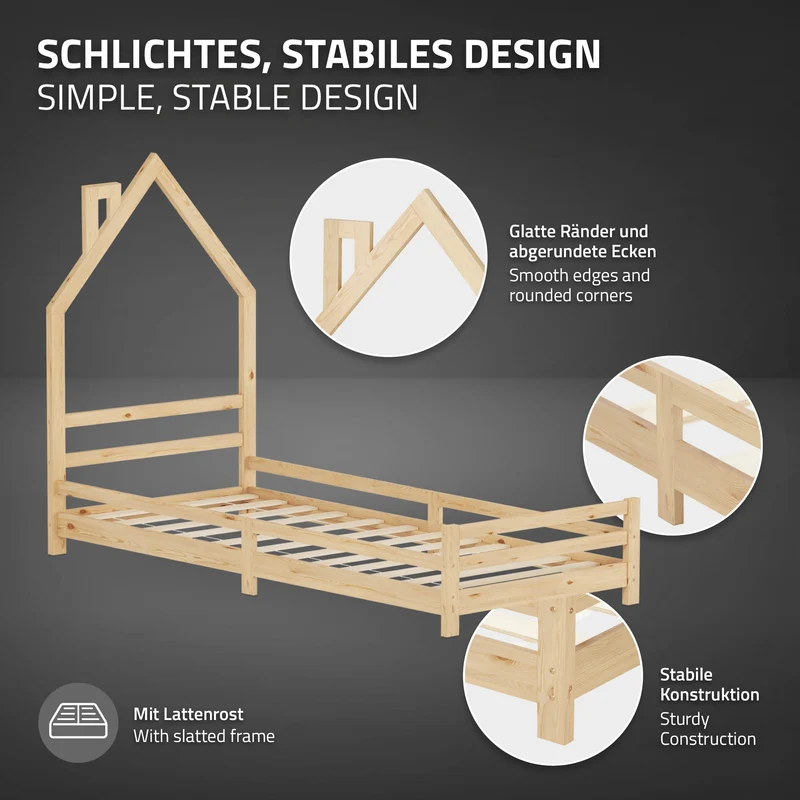 Kinderbett Haus 90x200 cm Natur Hausbett für Kinder Holzbett mit Lattenrost Schornstein Design ML-Design