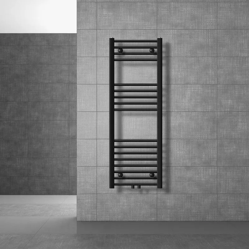 Badheizkörper mit Mittelanschluss 400x1200 mm Schwarz matt gebogen mit Universale Anschlussgarnitur LuxeBath