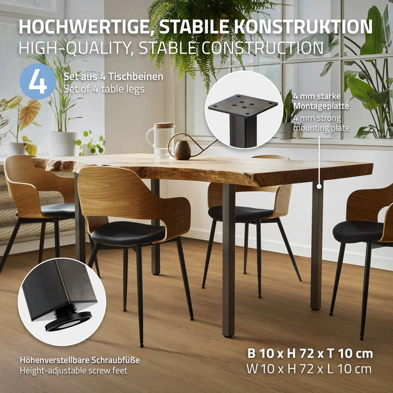 B-Ware 4er Set Möbelbeine 4er Set Tischbeine I-Design 72 cm Industrial Optik Stahl pulverbeschichtet Profil 4x4 cm Höhenverstellbare Möbelfüße 1-4cm