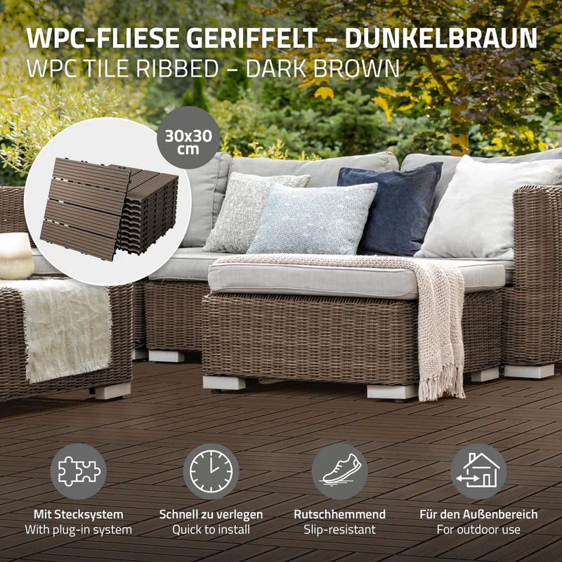 WPC Terrassenfliesen 30x30 cm 44er Set für 4m² Dunkelbraun in Holzoptik Balkon Bodenbelag mit Drainage und Klicksystem Terrassendielen Balkonfliesen