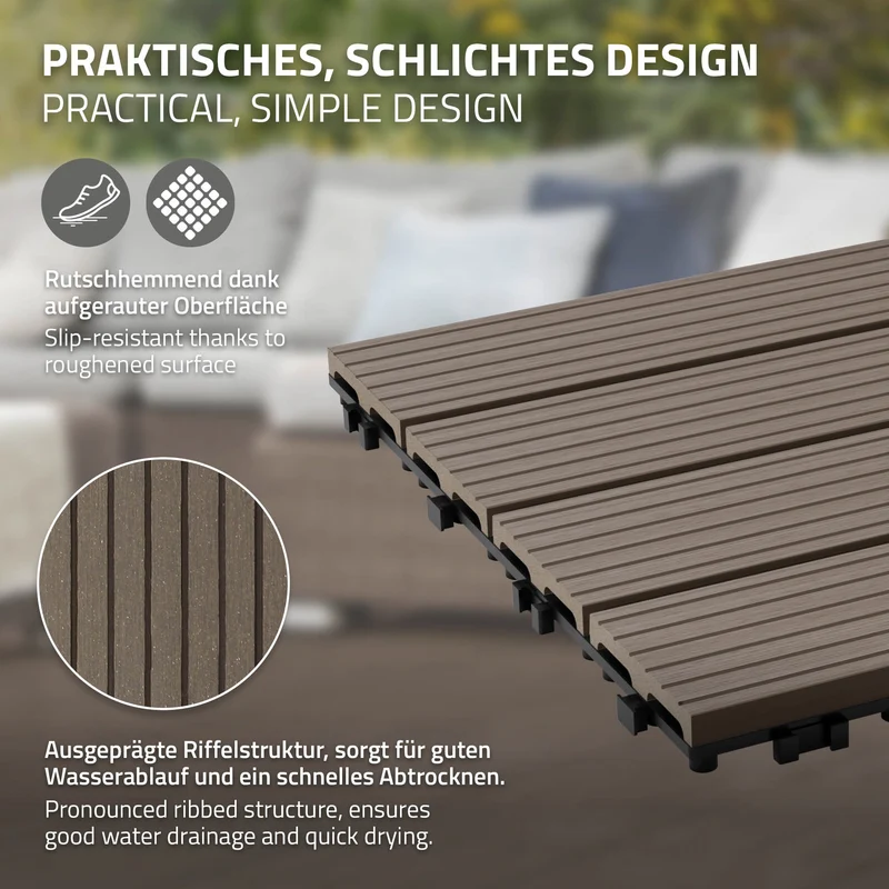 WPC Terrassenfliesen 30x30 cm 44er Set für 4m² Dunkelbraun in Holzoptik Balkon Bodenbelag mit Drainage und Klicksystem Terrassendielen Balkonfliesen