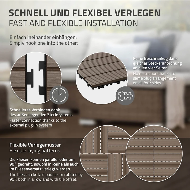 WPC Terrassenfliesen 30x30 cm 44er Set für 4m² Dunkelbraun in Holzoptik Balkon Bodenbelag mit Drainage und Klicksystem Terrassendielen Balkonfliesen