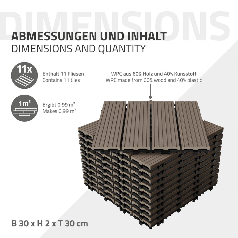 WPC Terrassenfliesen 30x30 cm 44er Set für 4m² Dunkelbraun in Holzoptik Balkon Bodenbelag mit Drainage und Klicksystem Terrassendielen Balkonfliesen