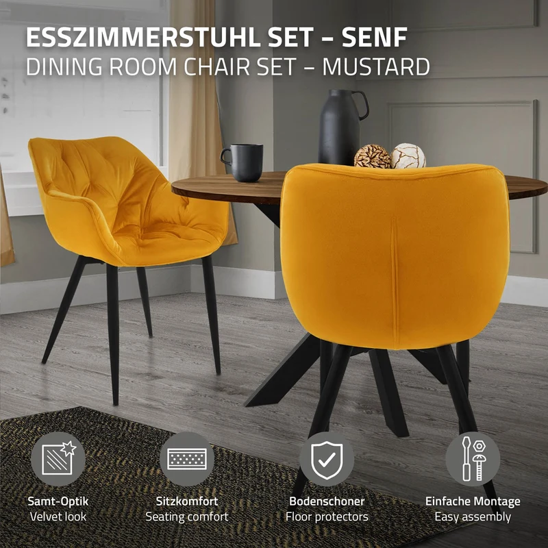 Esszimmerstuhl 4er Set mit Rücken- und Armlehnen Senfgelb Küchenstuhl mit Microfaser-Samtbezug ML-Design