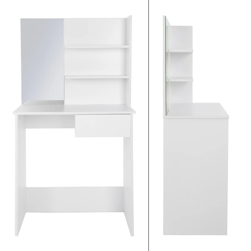 Schminktisch Frisiertisch 75x40x135 cm in Weiß mit Spiegel, Schublade, 3 Ablagen & Hocker ML-Design