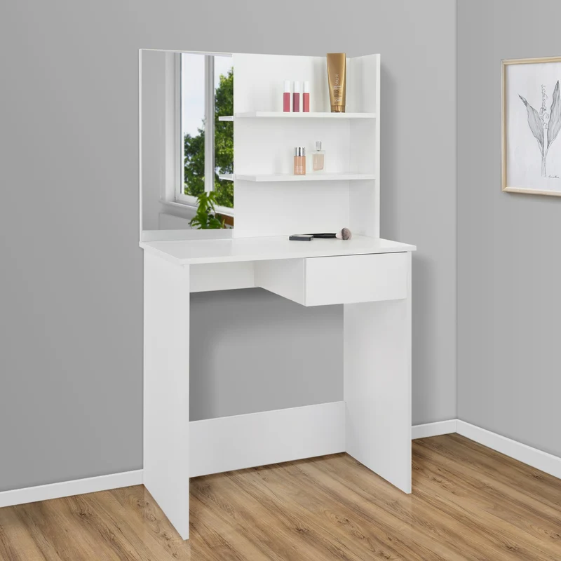 Schminktisch Frisiertisch 75x40x135 cm in Weiß mit Spiegel, Schublade, 3 Ablagen & Hocker ML-Design