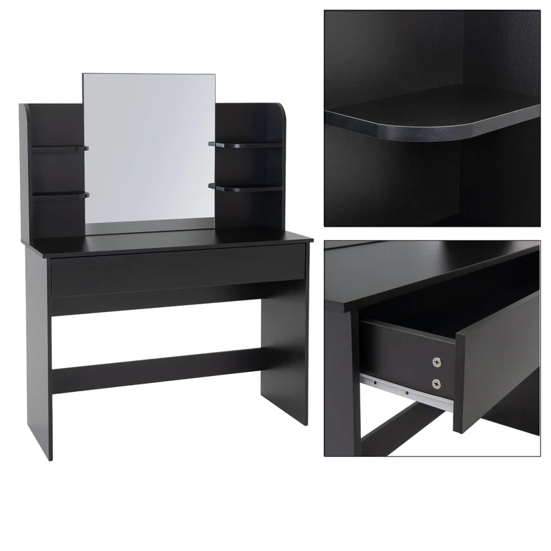 Schminktisch Frisiertisch 108x40x140 cm in Schwarz mit Spiegel, Schublade und Hocker in Weiß ML-Design