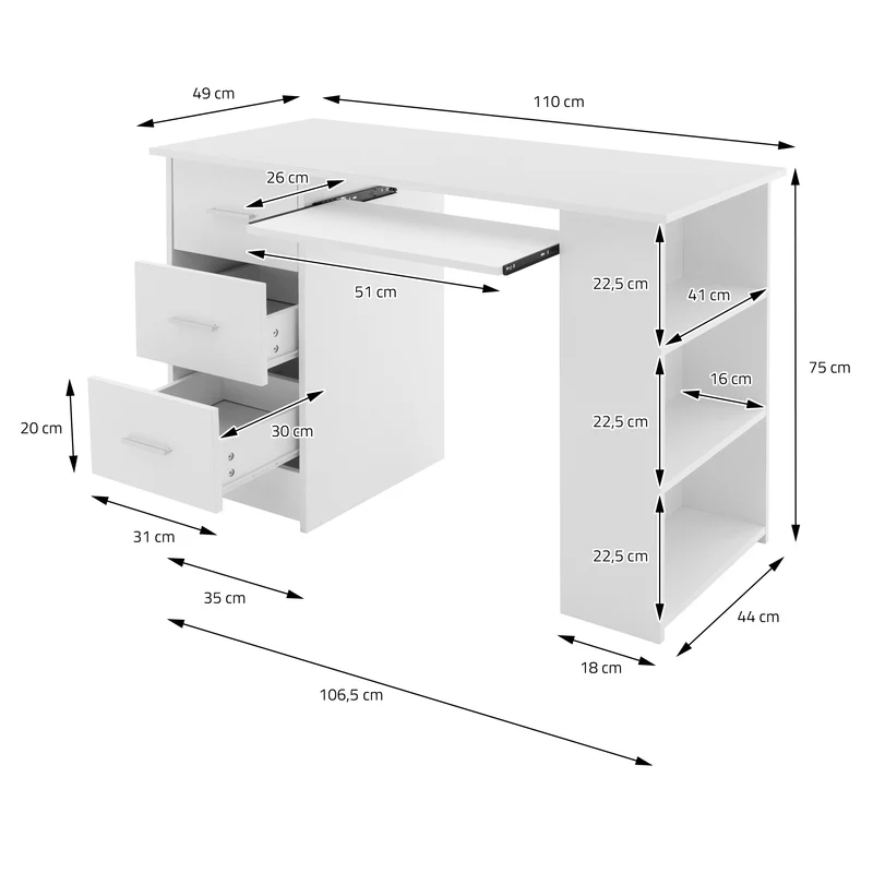 Schreibtisch mit drei Schubladen drei Regale und Tastaturauszug 110x49x75 cm Weiß aus Holz ML-Design