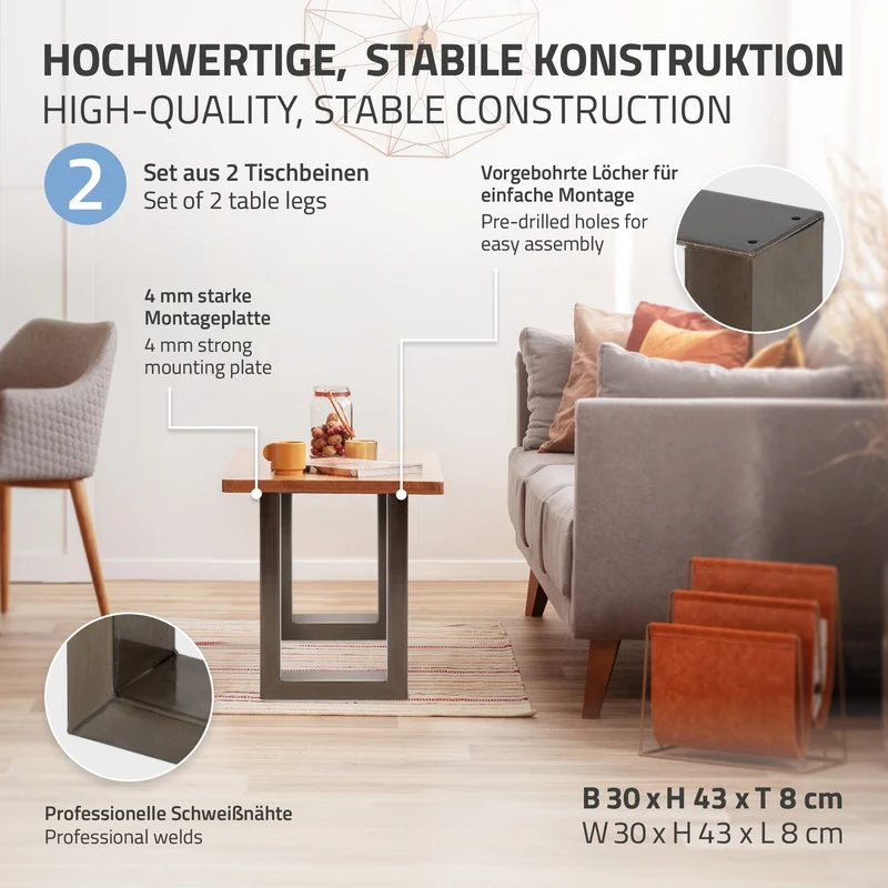 B-Ware Tischbeine 2er Set mit Vierkantprofilen 30x43 cm aus Stahl