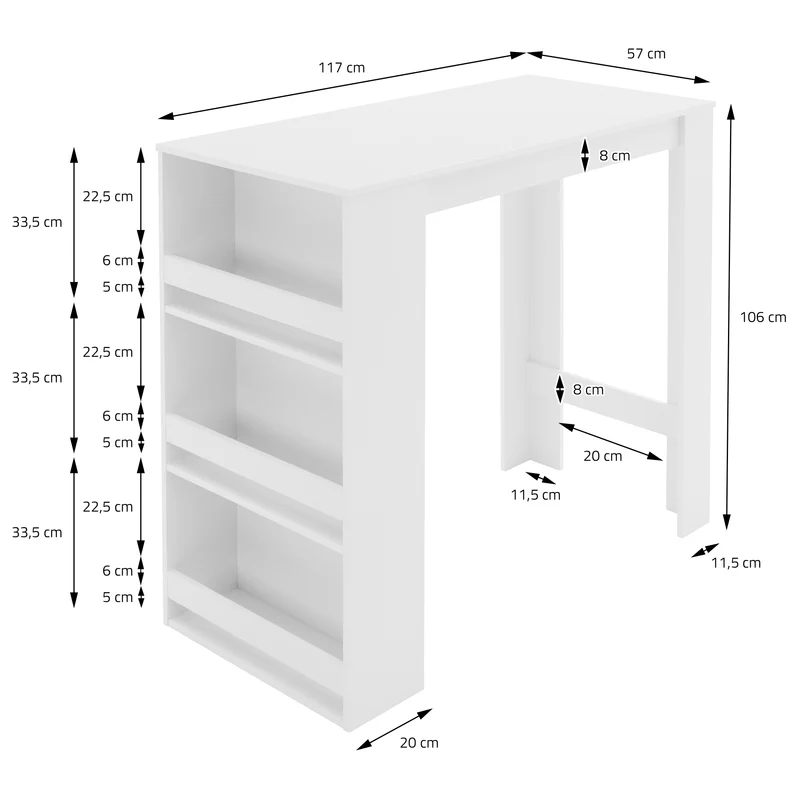 Bartisch mit 3-stufigem Regal 117x106x57 cm Weiß aus Holz ML-Design