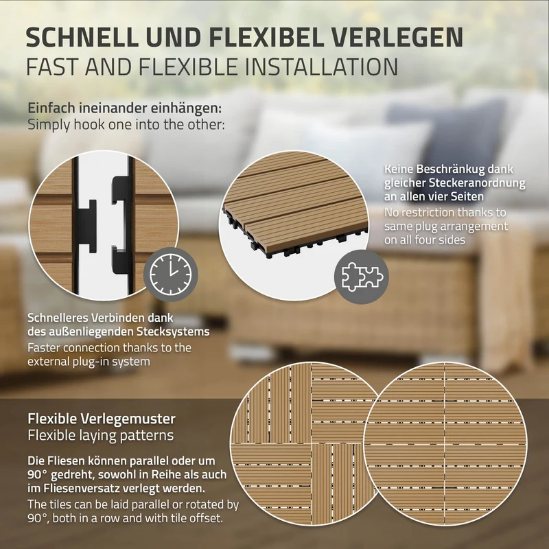 4m² 44 Stück WPC Terrassenfliesen 30x30 cm Teak in Holzoptik Balkon Bodenbelag mit Drainage und Klicksystem Terrassendielen Balkonfliesen