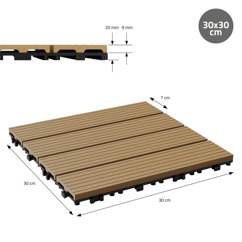 4m² 44 Stück WPC Terrassenfliesen 30x30 cm Teak in Holzoptik Balkon Bodenbelag mit Drainage und Klicksystem Terrassendielen Balkonfliesen