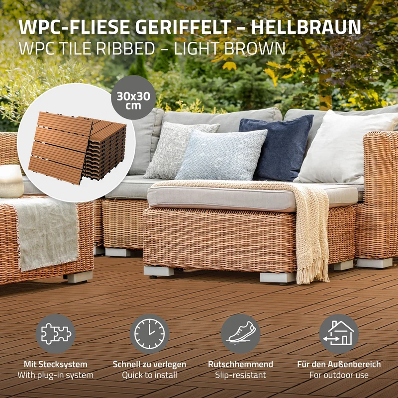 WPC Terrassenfliesen 30x30 cm 55er Set für 5m² Hellbraun in Holzoptik Balkon Bodenbelag mit Drainage und Klicksystem Terrassendielen Balkonfliesen