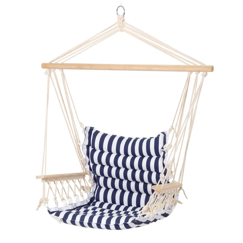Hängesessel mit Gestell 45x100x43 cm Blau/Weiß aus Baumwolle und Hartholz