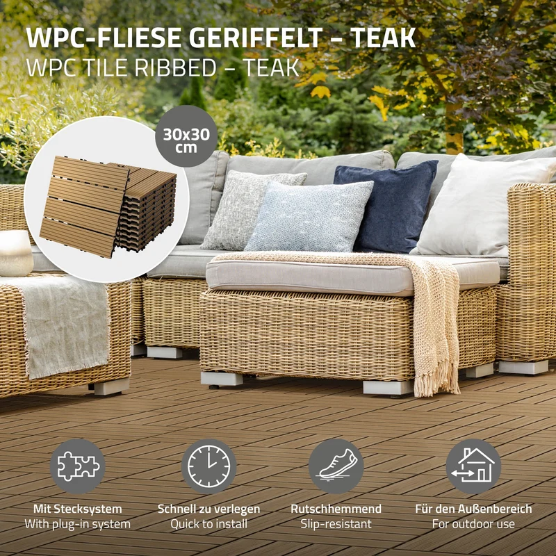 2m² 22 Stück WPC Terrassenfliesen 30x30 cm Teak in Holzoptik Balkon Bodenbelag mit Drainage und Klicksystem Terrassendielen Balkonfliesen